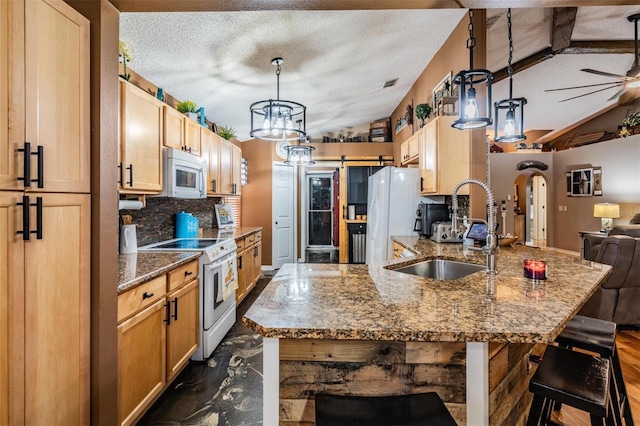 kitchen featuring vaulted ceiling with beams, a kitchen bar, sink, a textured ceiling, and white appliances