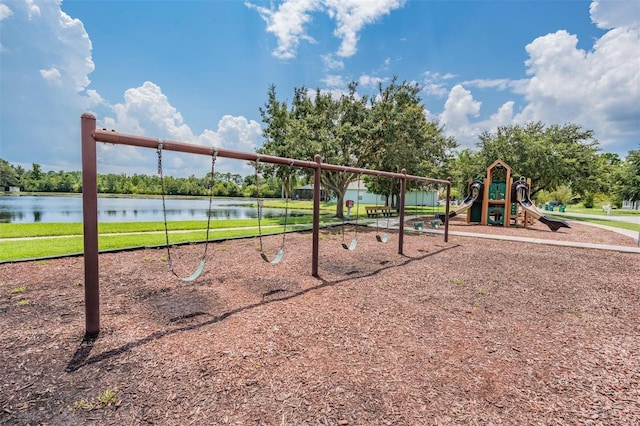 view of play area featuring a water view