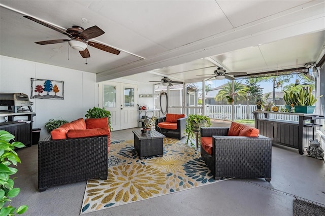 view of patio / terrace with an outdoor hangout area, french doors, fence, and a ceiling fan