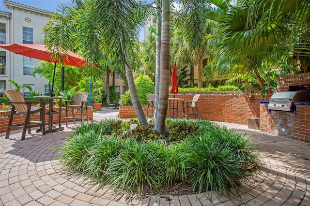 view of community featuring exterior kitchen and a patio area