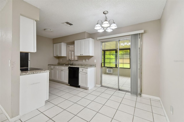 kitchen with black appliances, a textured ceiling, sink, and white cabinets