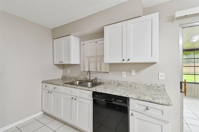 kitchen with white cabinetry, sink, a textured ceiling, light tile patterned floors, and black dishwasher