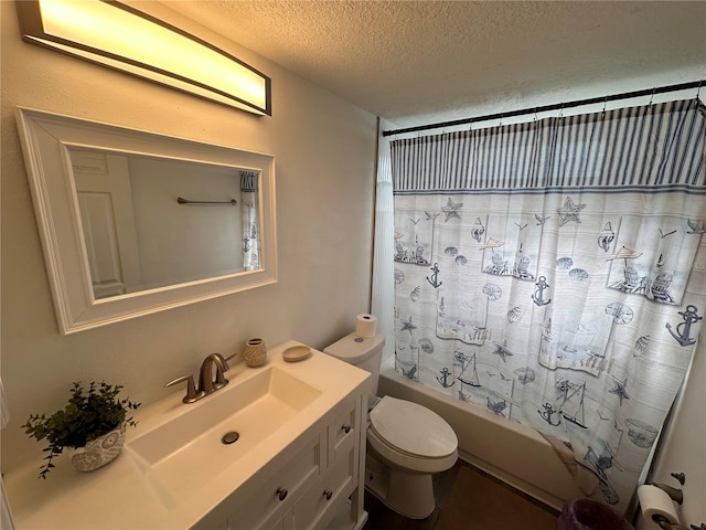 full bathroom with vanity, toilet, a textured ceiling, and shower / bath combo