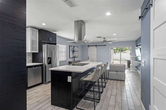 kitchen featuring ceiling fan, island range hood, appliances with stainless steel finishes, a barn door, and light hardwood / wood-style floors