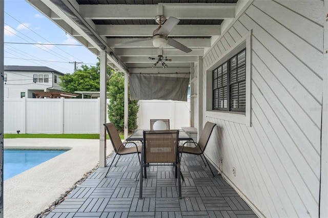 view of patio featuring ceiling fan and a fenced in pool