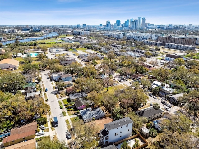 aerial view with a city view and a water view