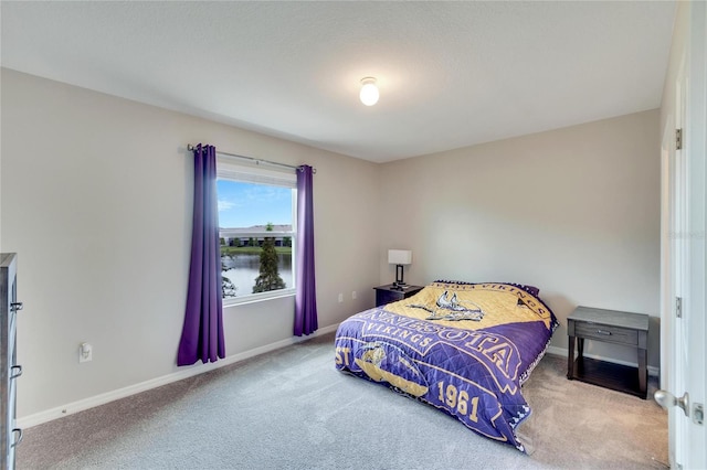 carpeted bedroom with a water view