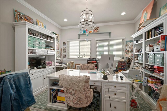 office with a notable chandelier and crown molding