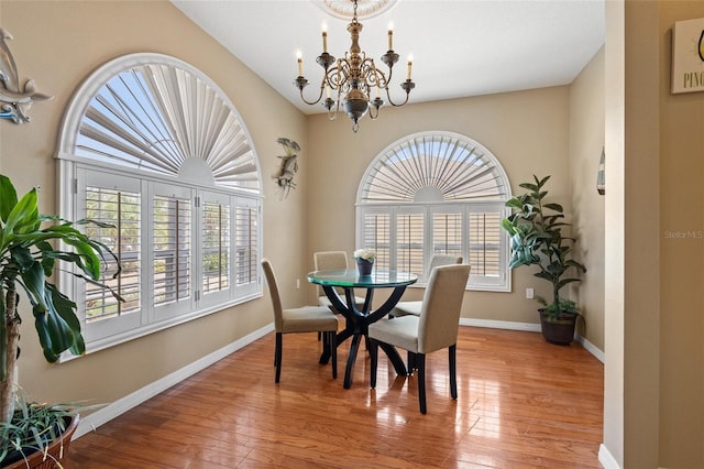 dining area featuring hardwood / wood-style floors and a chandelier