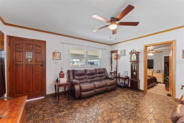 living room with ceiling fan and crown molding