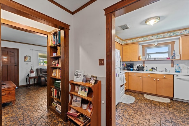 kitchen featuring white dishwasher and ornamental molding