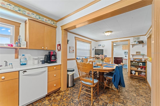 kitchen featuring light brown cabinetry, sink, white dishwasher, and ornamental molding