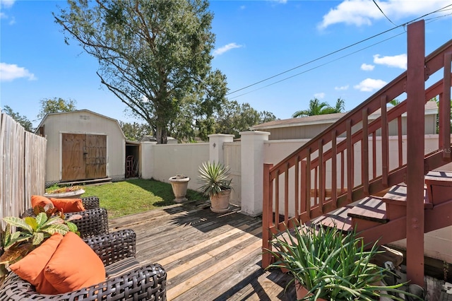 deck with a storage shed