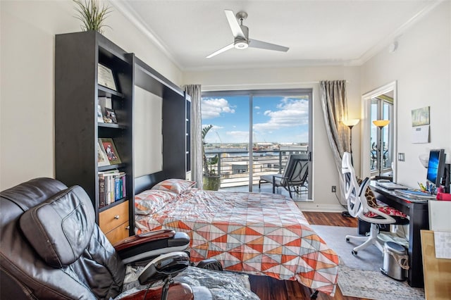 bedroom with access to outside, ceiling fan, crown molding, and wood-type flooring