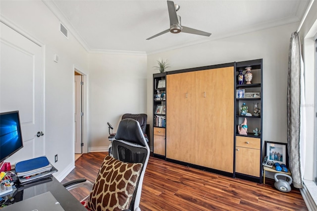 home office with dark hardwood / wood-style flooring, ceiling fan, and crown molding