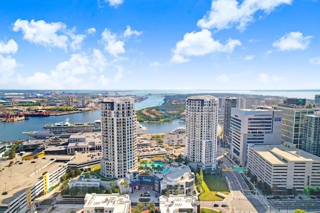 bird's eye view with a water view