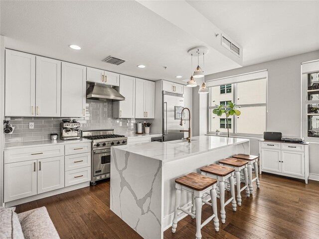 kitchen with white cabinetry, dark hardwood / wood-style flooring, and high quality appliances