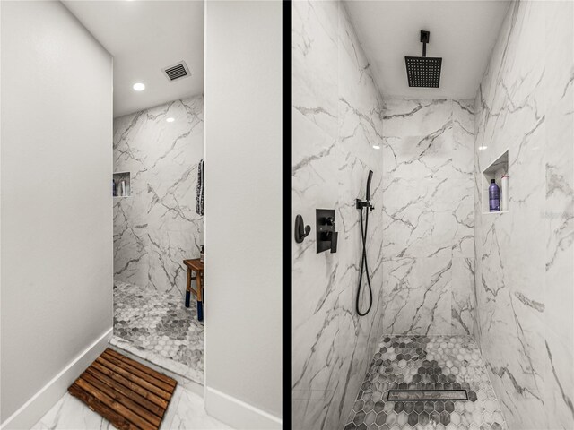 bathroom with tile patterned flooring and a tile shower