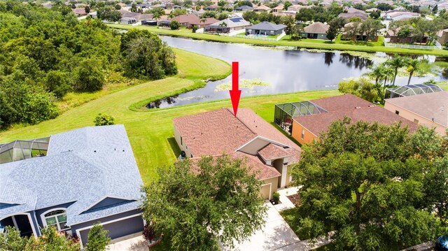 drone / aerial view featuring a water view