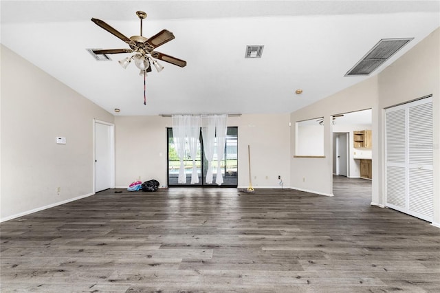 unfurnished living room featuring ceiling fan and wood-type flooring