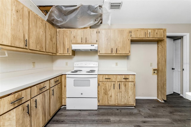 kitchen with electric range, decorative backsplash, dark hardwood / wood-style floors, and light brown cabinets