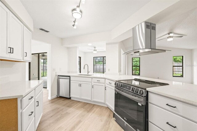 kitchen featuring island exhaust hood, stainless steel appliances, track lighting, ceiling fan, and sink