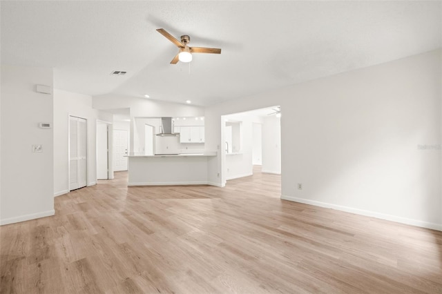 unfurnished living room featuring light hardwood / wood-style floors and ceiling fan