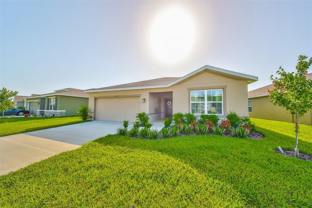 ranch-style house with a garage and a front lawn