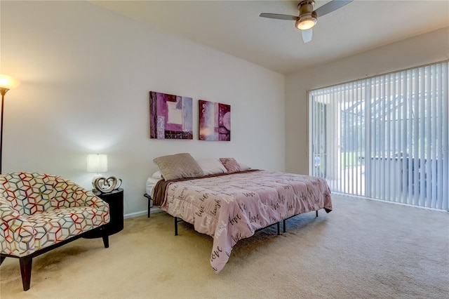 bedroom featuring ceiling fan, light carpet, and access to exterior