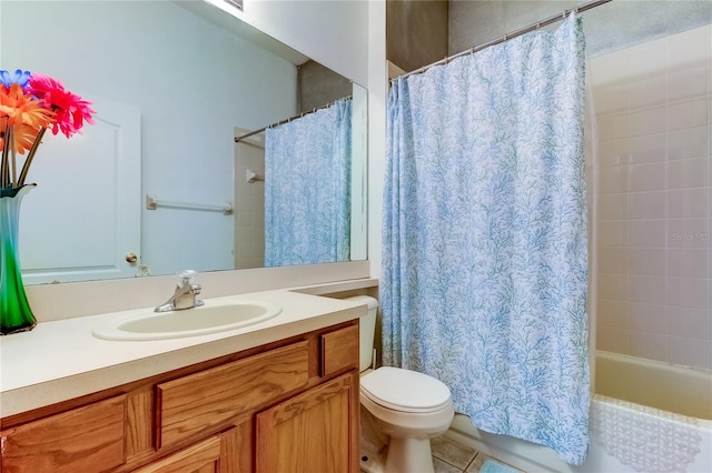 full bathroom featuring shower / bathtub combination with curtain, toilet, tile patterned floors, and vanity