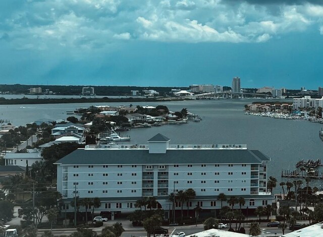 exterior space with a water view