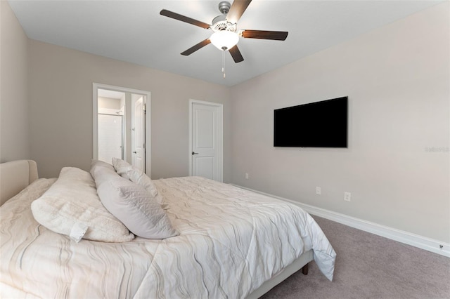 bedroom with ceiling fan and carpet