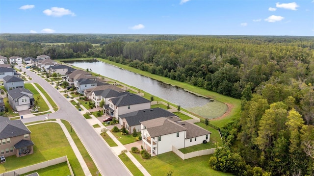 bird's eye view with a water view