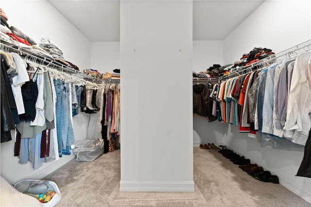 walk in closet featuring light colored carpet