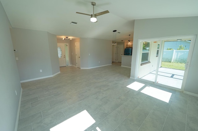 unfurnished living room with lofted ceiling, baseboards, visible vents, and ceiling fan