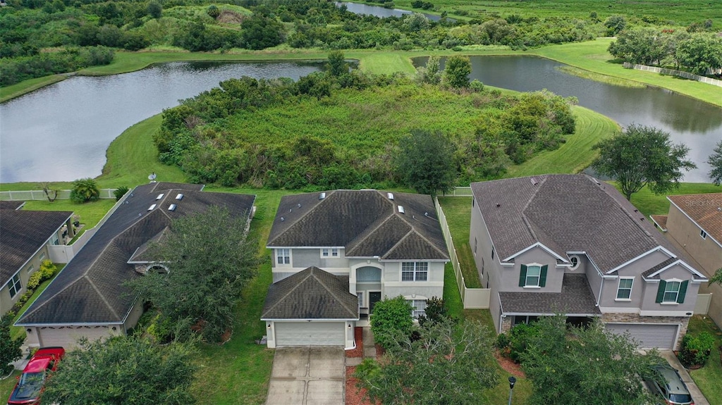 drone / aerial view featuring a water view