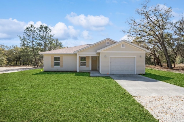 ranch-style home featuring a front yard and a garage