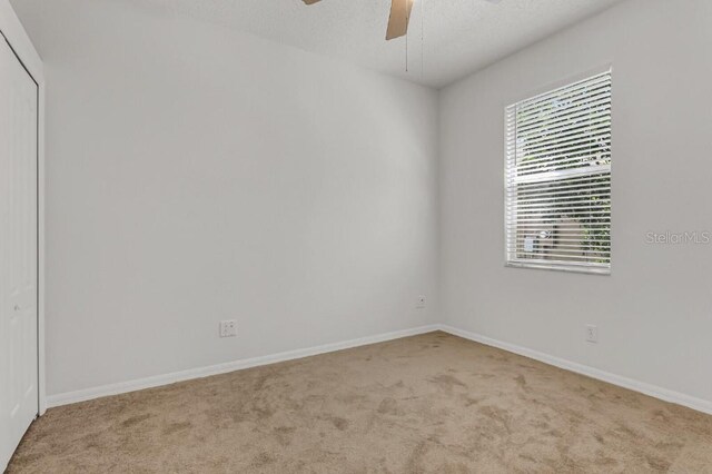 carpeted empty room with ceiling fan and a textured ceiling