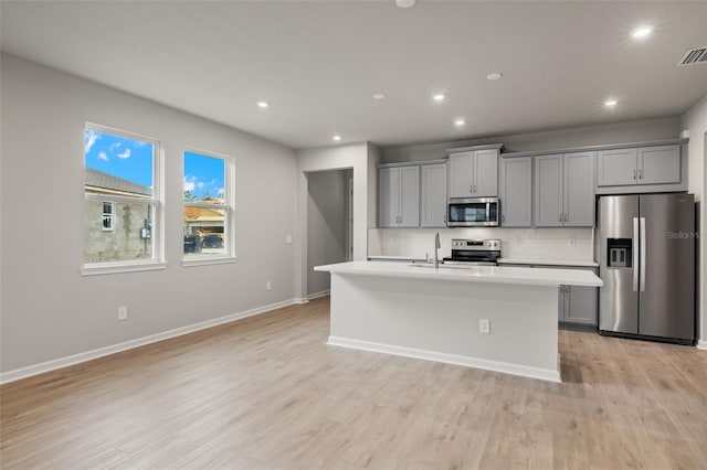 kitchen with a center island with sink, stainless steel appliances, gray cabinets, and light wood-type flooring