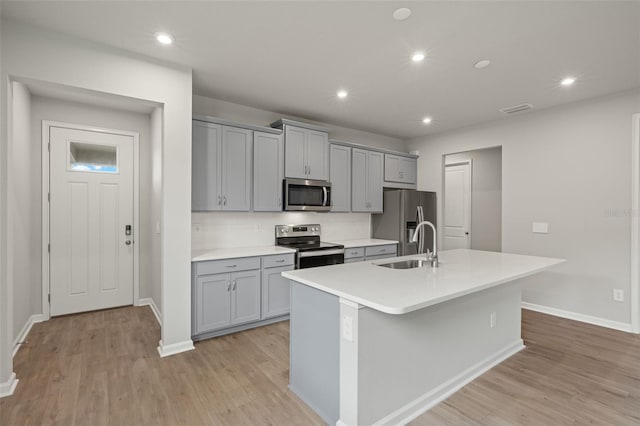 kitchen with backsplash, light wood-type flooring, appliances with stainless steel finishes, sink, and an island with sink