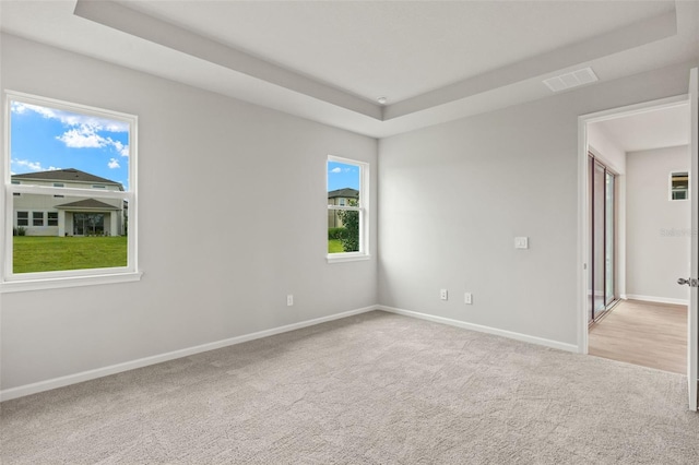 spare room featuring light carpet and a tray ceiling