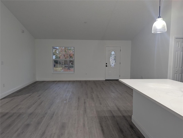 interior space featuring lofted ceiling and dark hardwood / wood-style floors