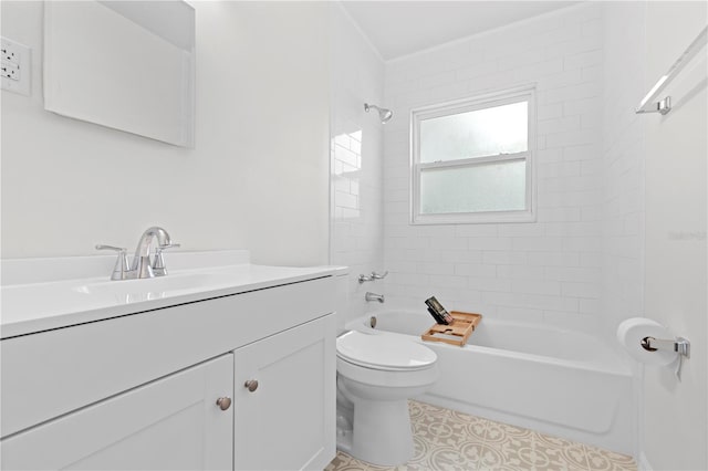 full bathroom featuring tile patterned floors, tiled shower / bath combo, vanity, and toilet