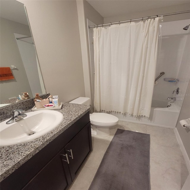 full bathroom featuring vanity, toilet, shower / bath combo with shower curtain, and tile patterned flooring