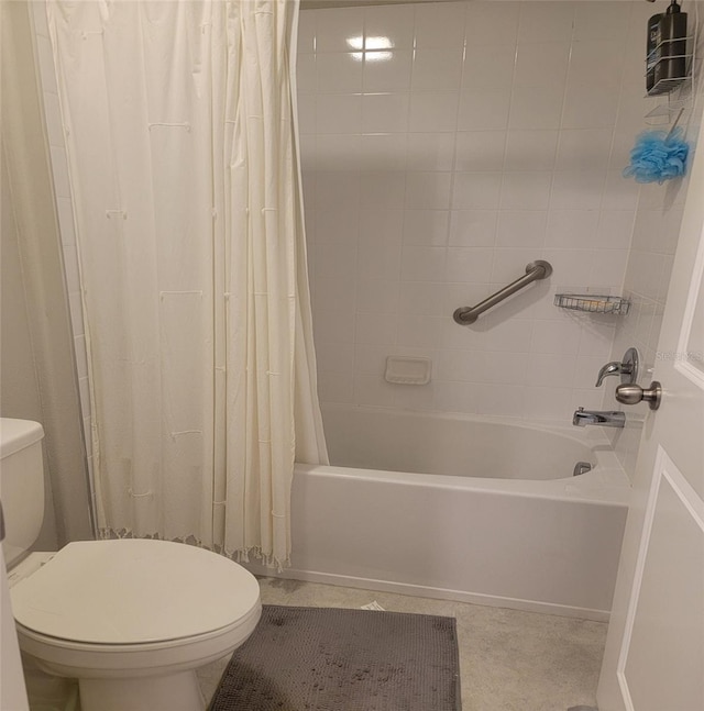 bathroom with toilet and shower / bath combination with curtain