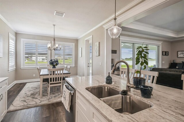 kitchen with sink, white cabinetry, ornamental molding, and dark hardwood / wood-style floors