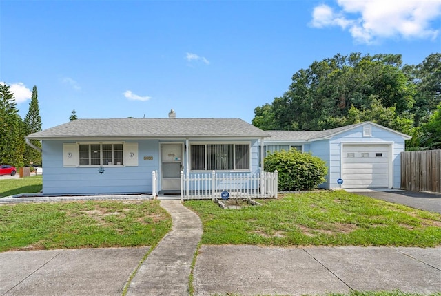 ranch-style home with a porch, an attached garage, fence, driveway, and a front lawn