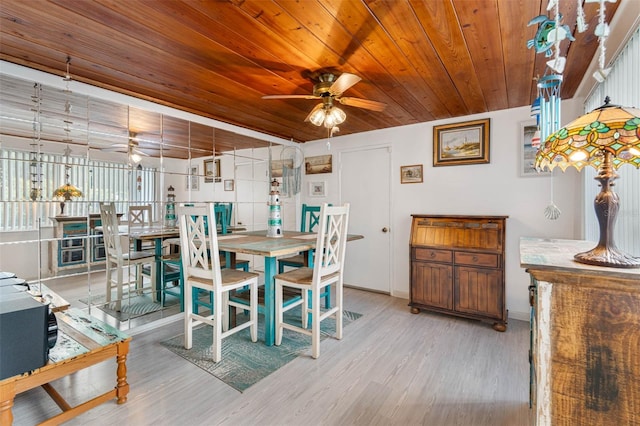 dining room featuring ceiling fan, light hardwood / wood-style floors, and wooden ceiling