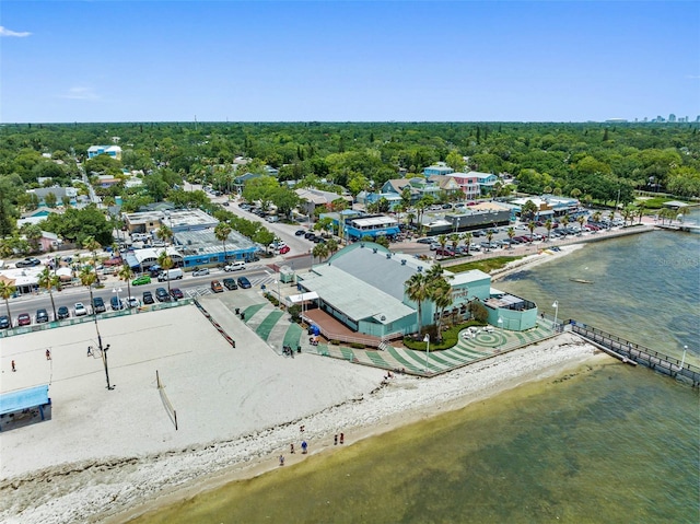 aerial view featuring a water view and a wooded view