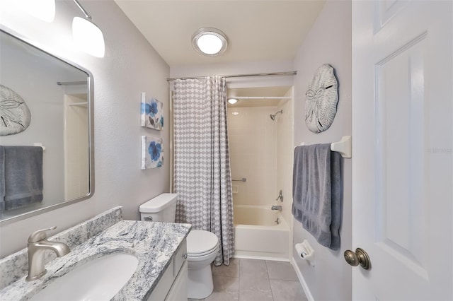 full bathroom with tile patterned floors, vanity, shower / bath combination with curtain, and toilet